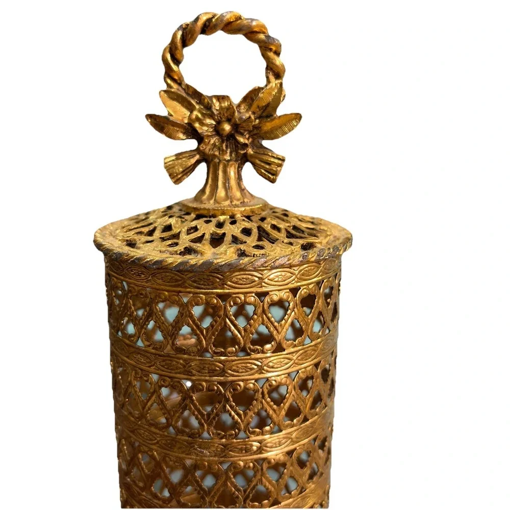 VTG Regency Gold Color Filigree Metal Hairspray‎ Cover Vanity Accessories Case